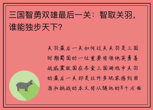 三国智勇双雄最后一关：智取关羽，谁能独步天下？